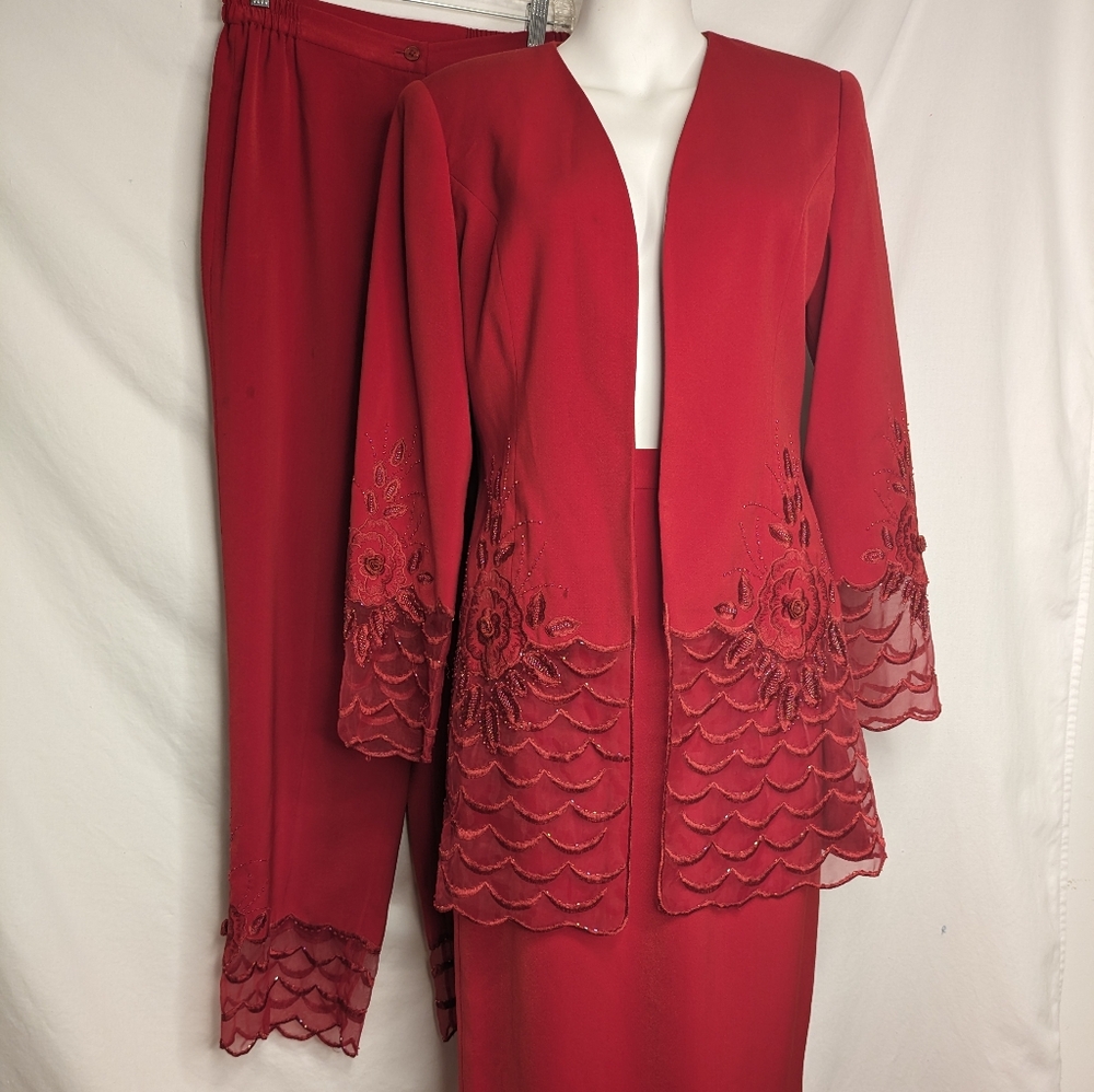Nubiano New York Red Beaded  3 Piece Set Jacket Skirt Pants Evening Dressy